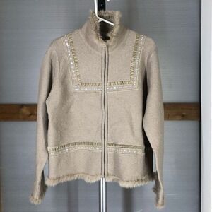 Sz XL- Vtg Deane & White 100% Wool‎ Beige Jacket Faux Fur Sequins Velvet Ribbon